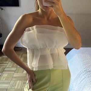 Strapless Ruffle Peplum Top with Light Green Trousers